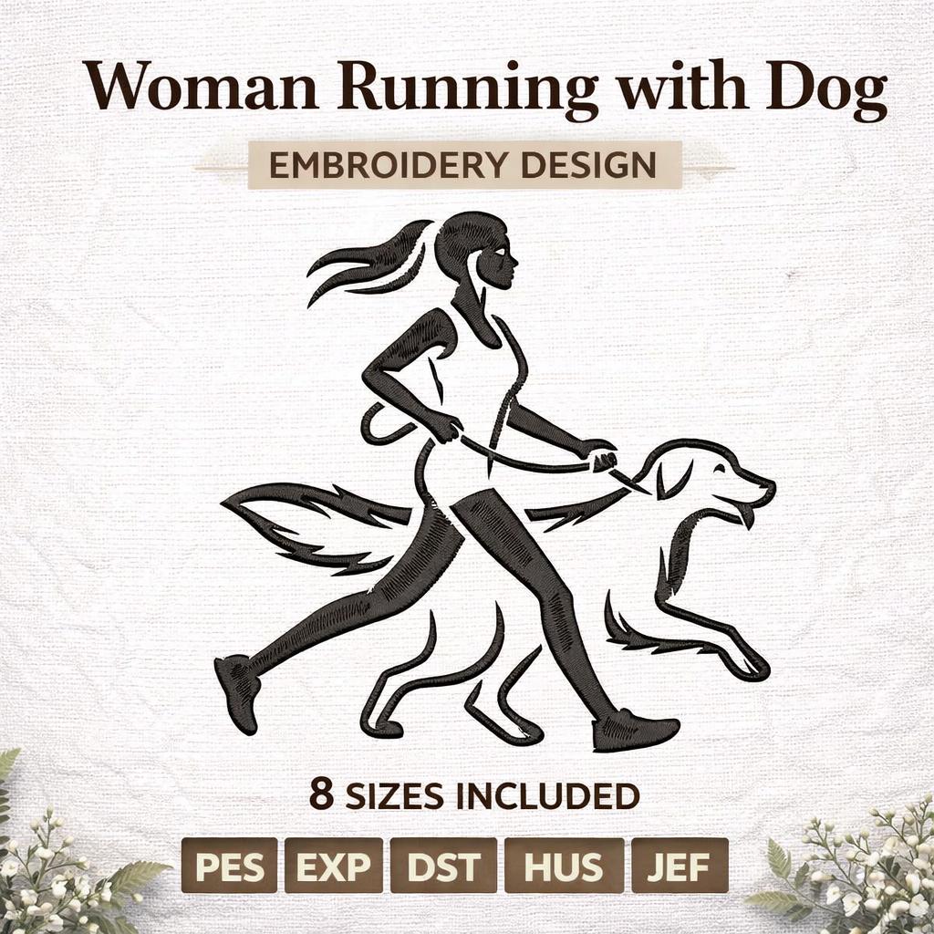 Woman Running with Dog Embroidery Design | Fitness Workout Machine File (Digital Download)