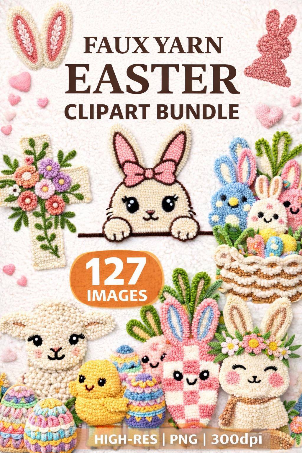 Faux Yarn Easter Clipart Bundle | Easter Bunnies, Eggs, Spring Designs (127 PNG Sublimation Elements) - Image 10