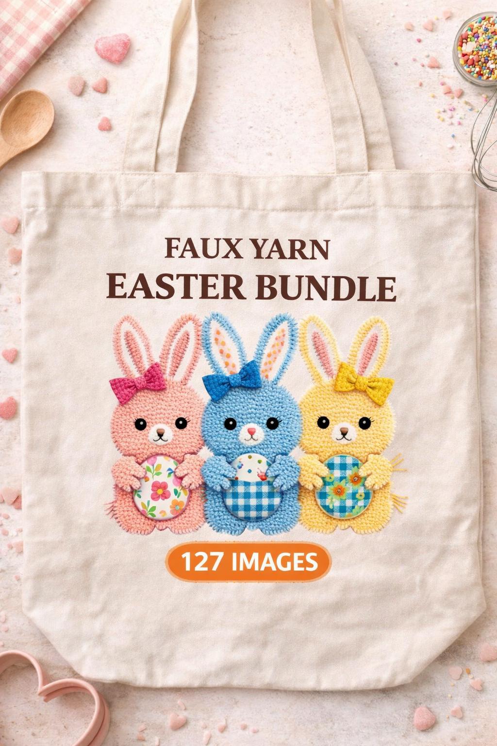 Faux Yarn Easter Clipart Bundle | Easter Bunnies, Eggs, Spring Designs (127 PNG Sublimation Elements) - Image 2