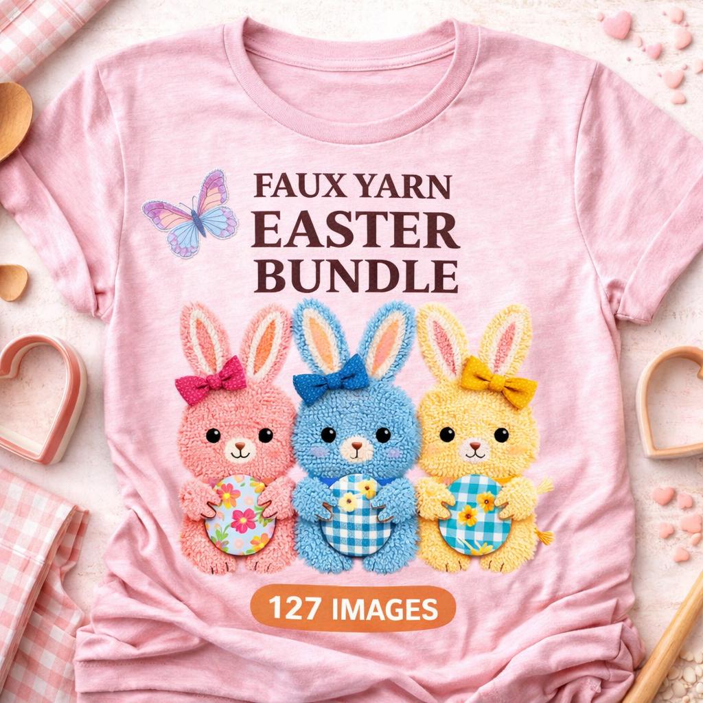 Faux Yarn Easter Clipart Bundle | Easter Bunnies, Eggs, Spring Designs (127 PNG Sublimation Elements) - Image 7