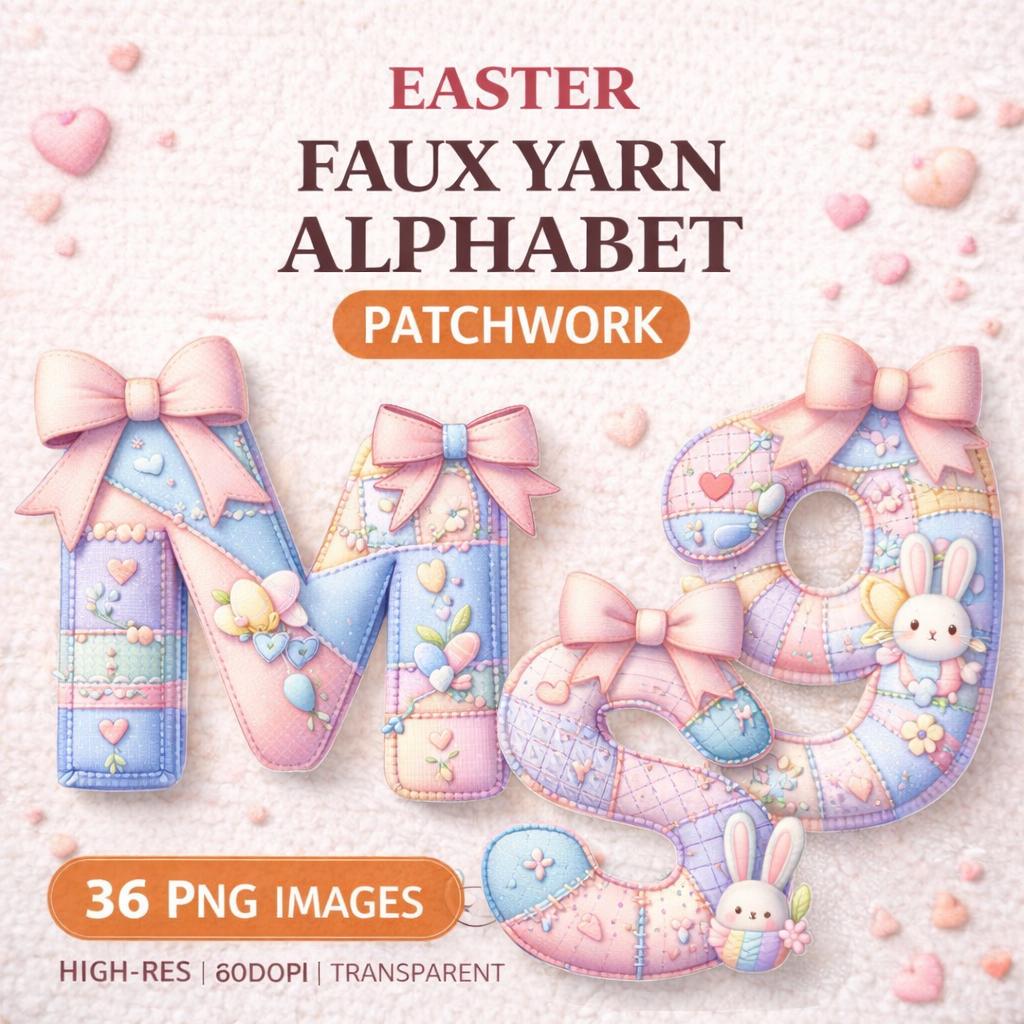 Easter Faux Yarn Alphabet PNG | 36 Pastel Patchwork Letters Clipart (Digital Download) - Image 8