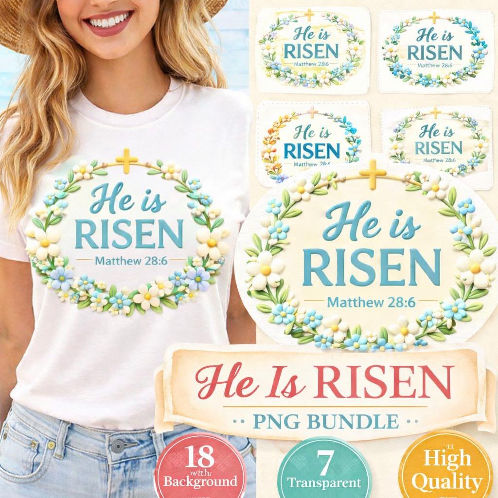 Christian Easter PNG Bundle, He Is Risen Floral Wreath Matthew 28:6 (Digital Download) - Image 9