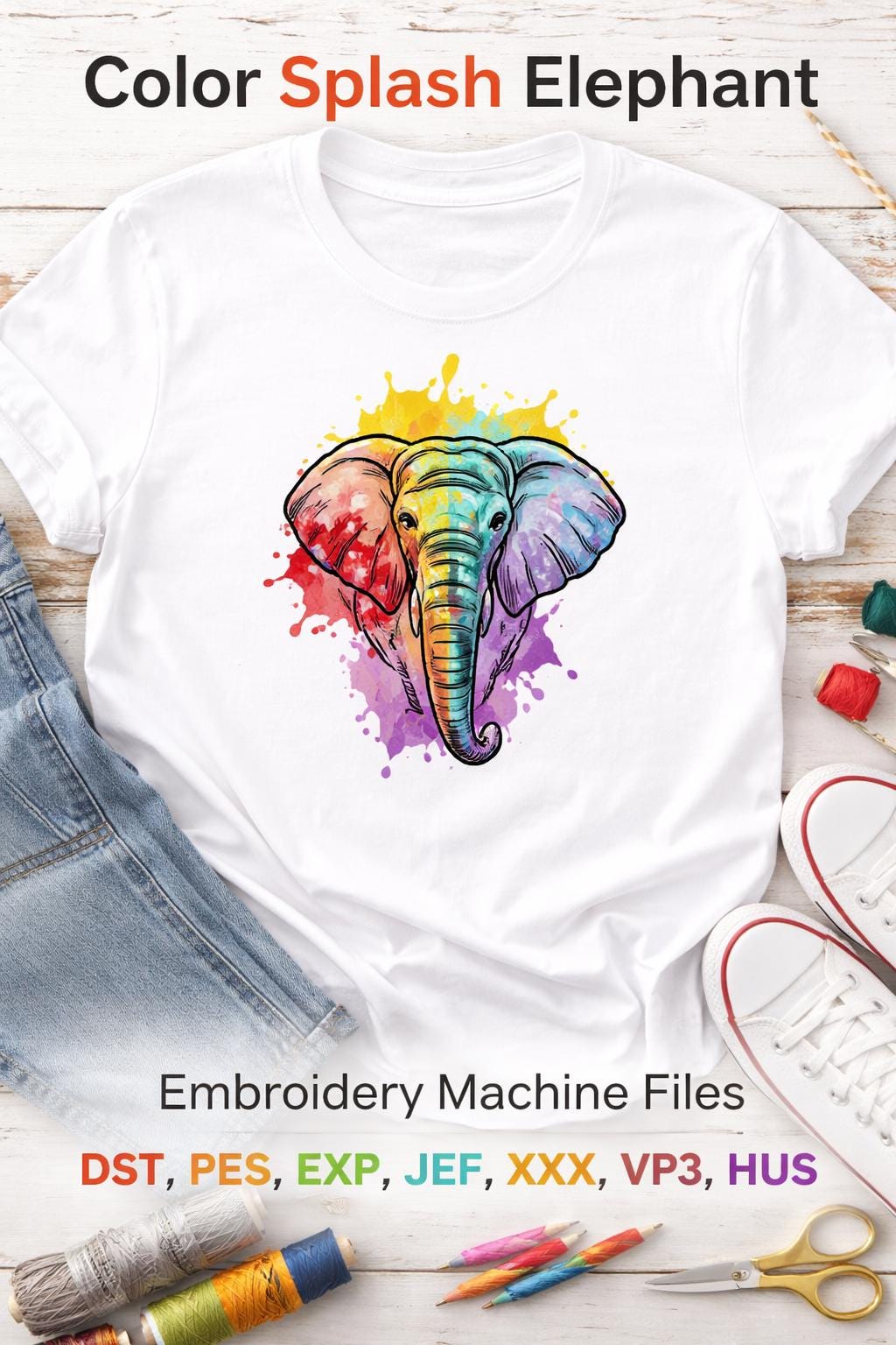 Color Splash Elephant Embroidery Design | Artistic Animal Machine File | 5 sizes (Digital Download) - Image 3