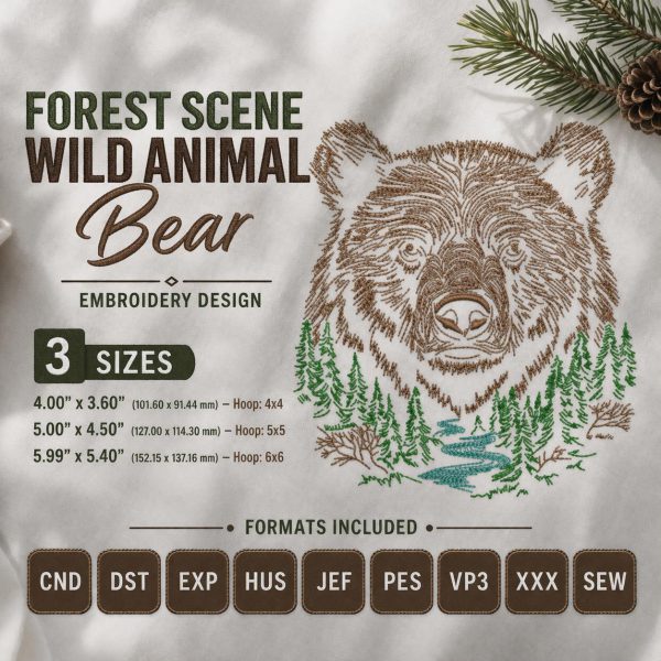 Bear Forest Scene Embroidery Design: Wildlife Nature Rustic machine File (Digital Download)