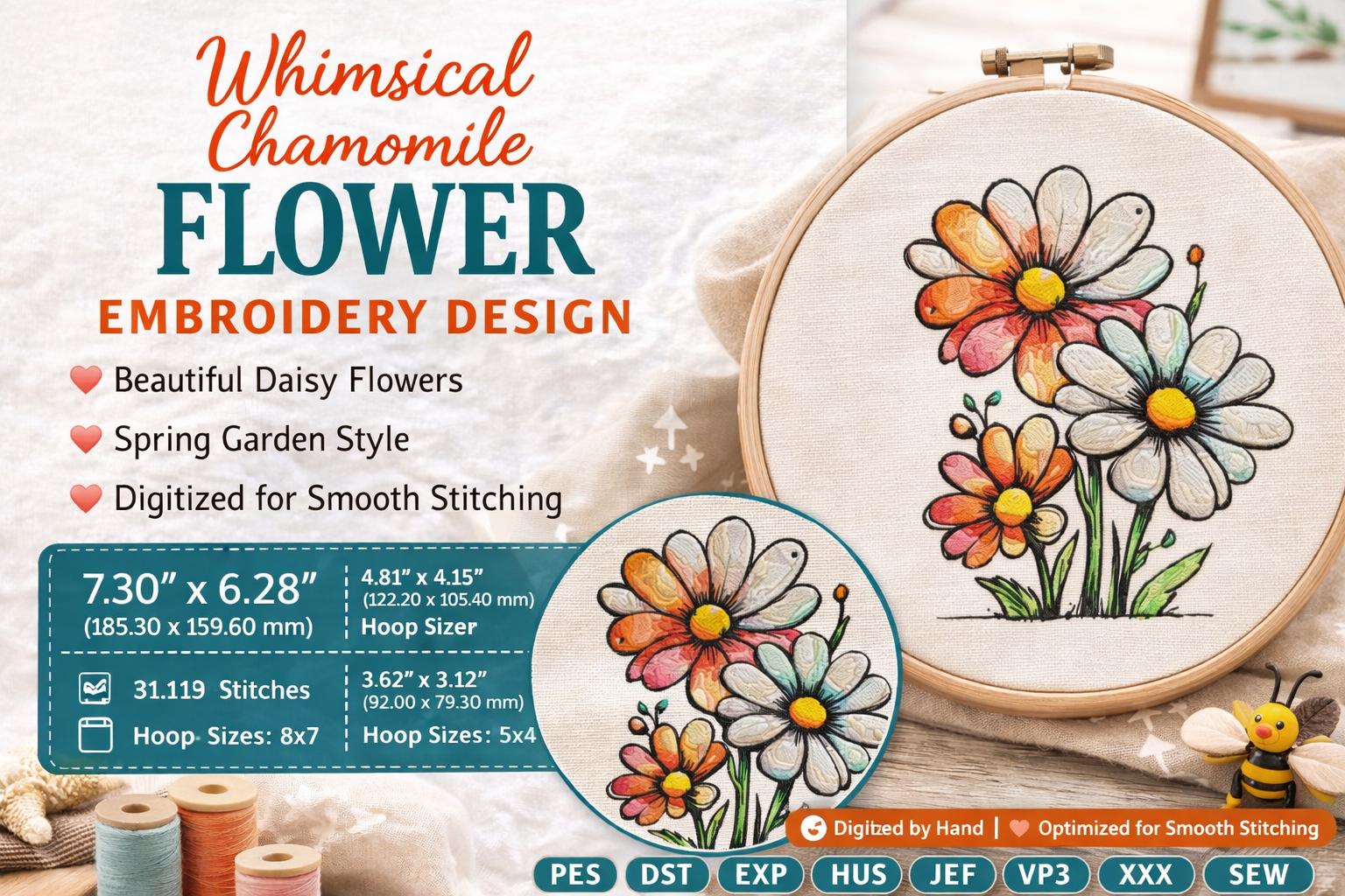 Whimsical Chamomile Flower Embroidery Design: Spring Daisy Floral Art (Digital File) - Image 2