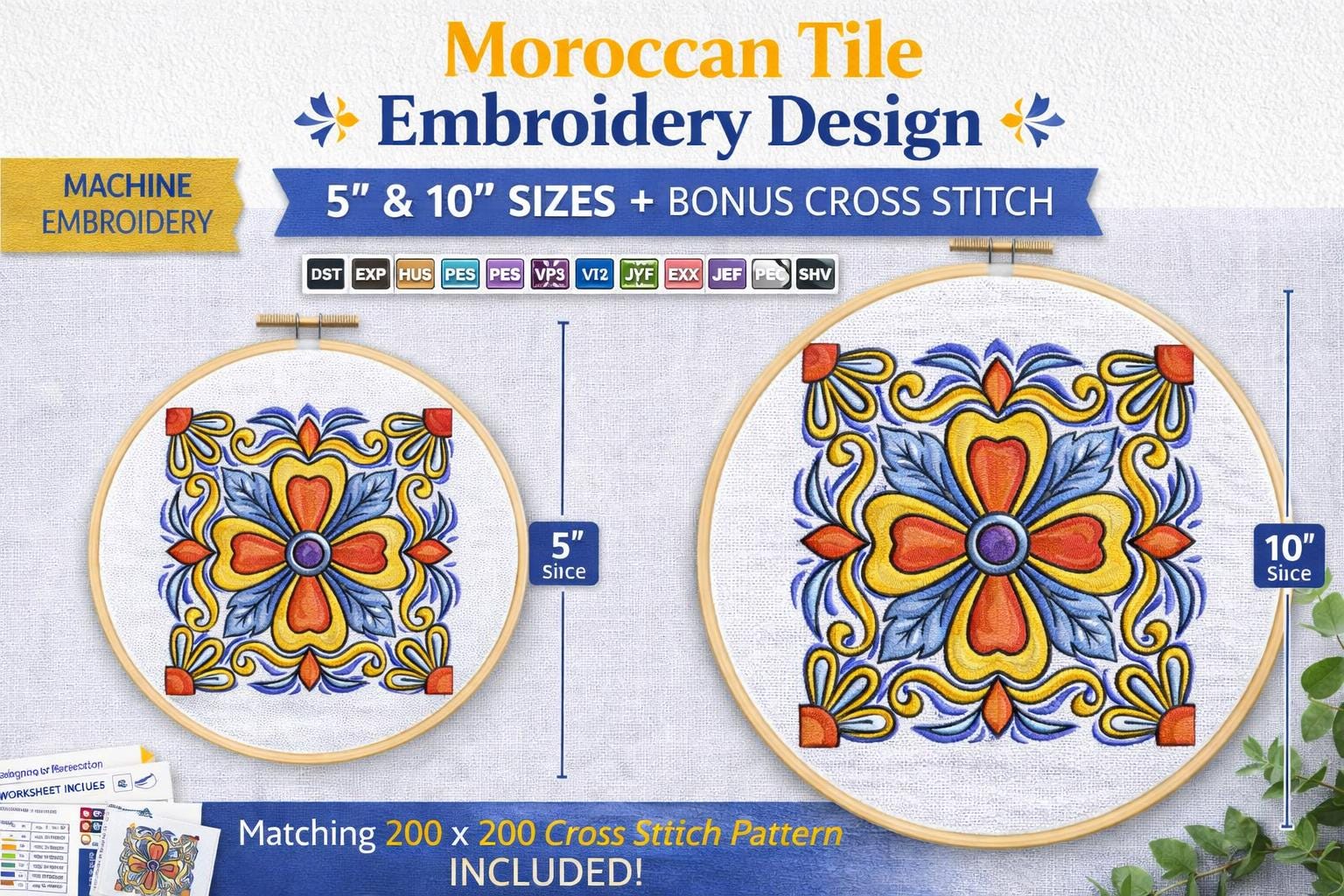 Moroccan Tile Embroidery Design | Floral Mandala Machine Embroidery (5", 10") + Cross Stitch - Image 2