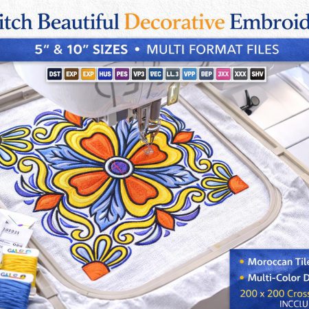 Moroccan Tile Embroidery Design | Floral Mandala Machine Embroidery (5", 10") + Cross Stitch