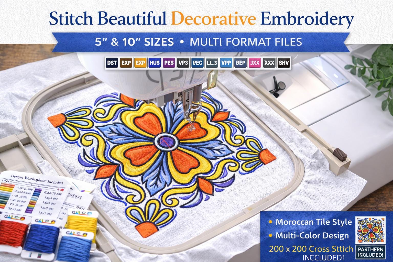 Moroccan Tile Embroidery Design | Floral Mandala Machine Embroidery (5", 10") + Cross Stitch