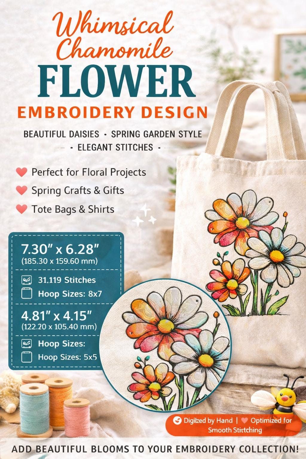 Whimsical Chamomile Flower Embroidery Design: Spring Daisy Floral Art (Digital File) - Image 6