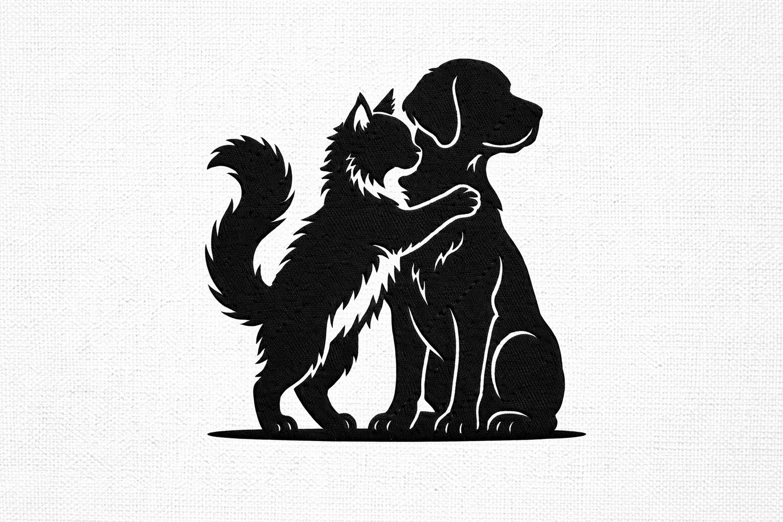 Cat Hugging Dog Embroidery Design Pet Love Animal Silhouette Embroidery File (Digital Download)