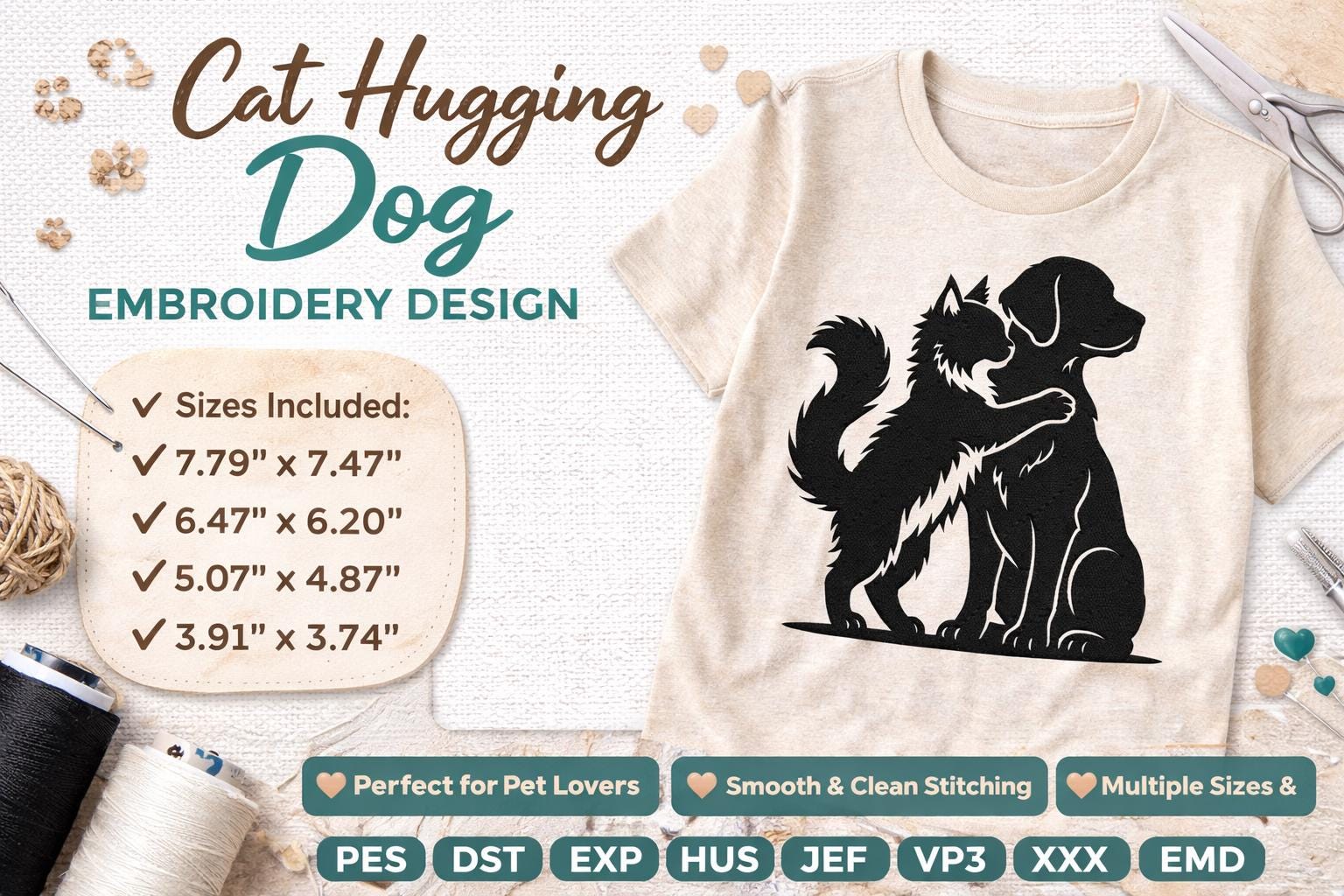 Cat Hugging Dog Embroidery Design Pet Love Animal Silhouette Embroidery File (Digital Download) - Image 3