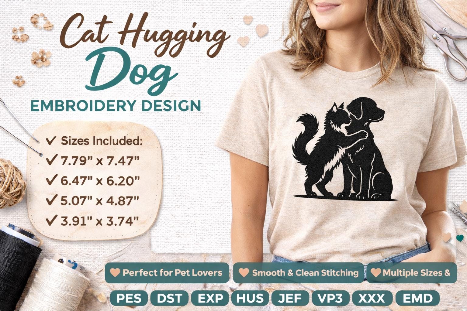 Cat Hugging Dog Embroidery Design Pet Love Animal Silhouette Embroidery File (Digital Download) - Image 5
