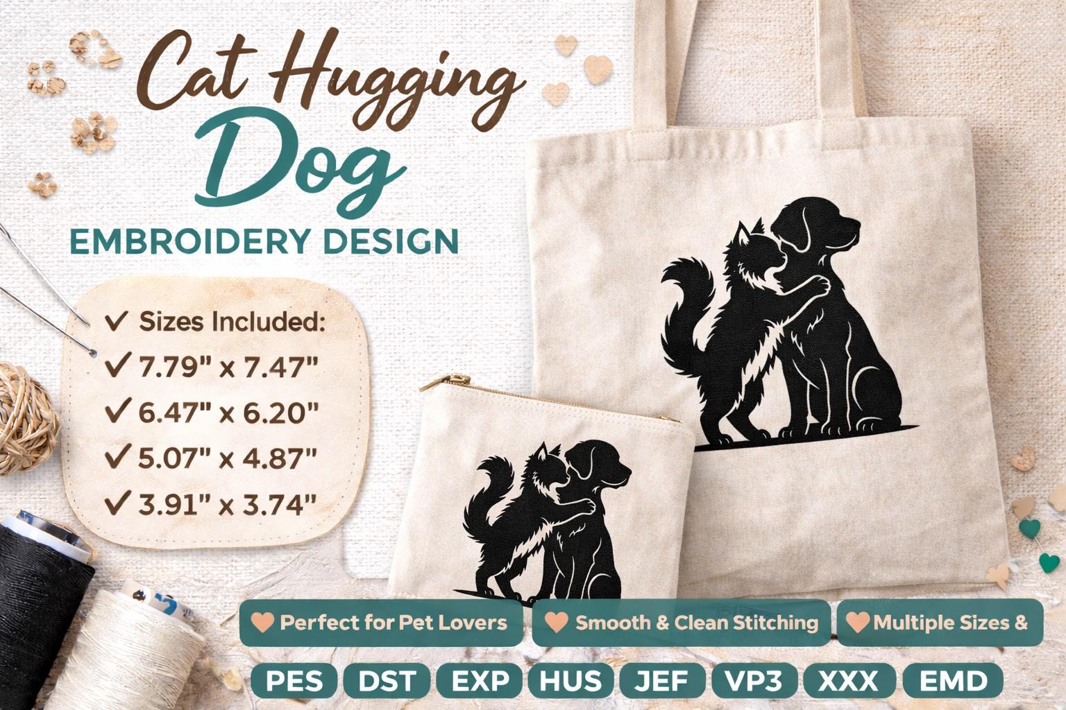 Cat Hugging Dog Embroidery Design Pet Love Animal Silhouette Embroidery File (Digital Download) - Image 6