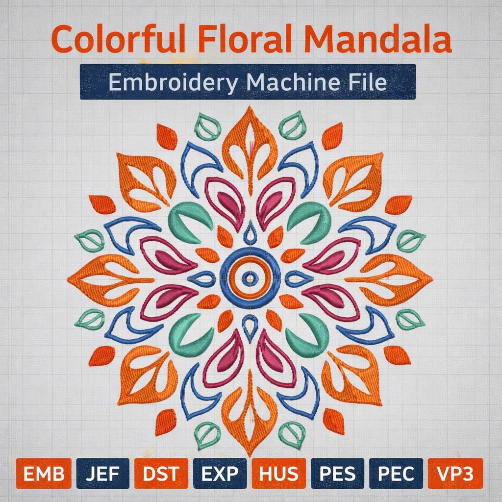 Colorful Floral Mandala Embroidery Design | 3 Sizes | 5 , 8 , 15 Inch | Machine Embroidery Pattern - Image 3