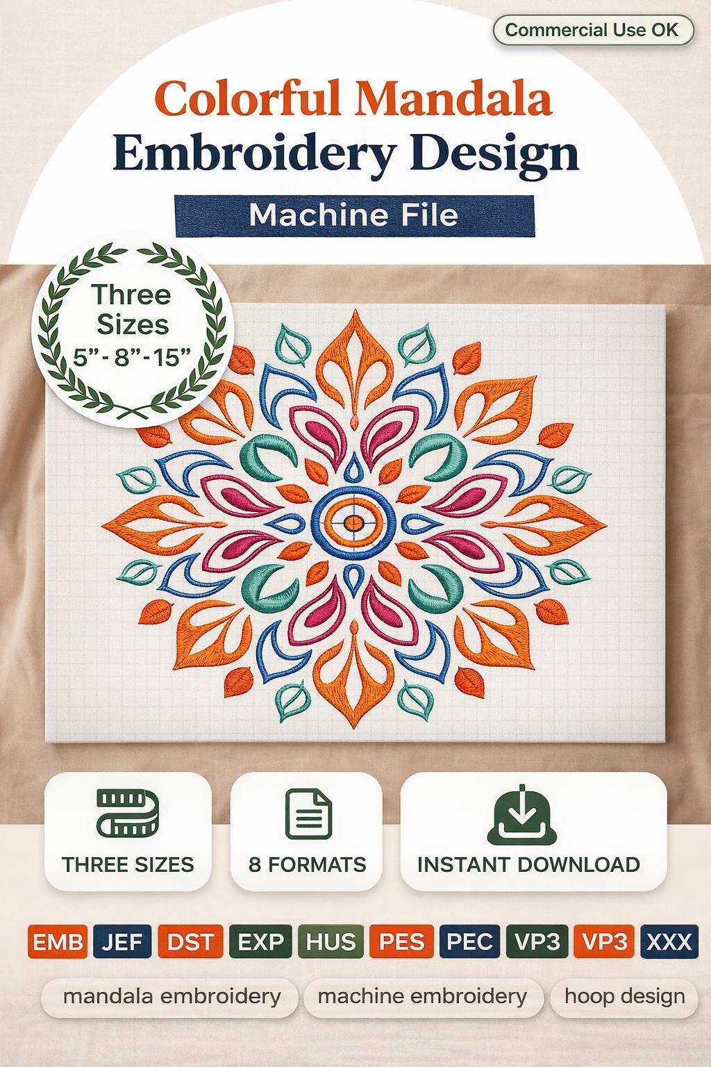 Colorful Floral Mandala Embroidery Design | 3 Sizes | 5 , 8 , 15 Inch | Machine Embroidery Pattern