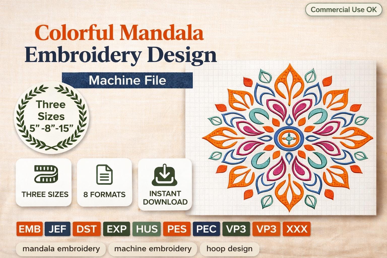 Colorful Floral Mandala Embroidery Design | 3 Sizes | 5 , 8 , 15 Inch | Machine Embroidery Pattern - Image 2