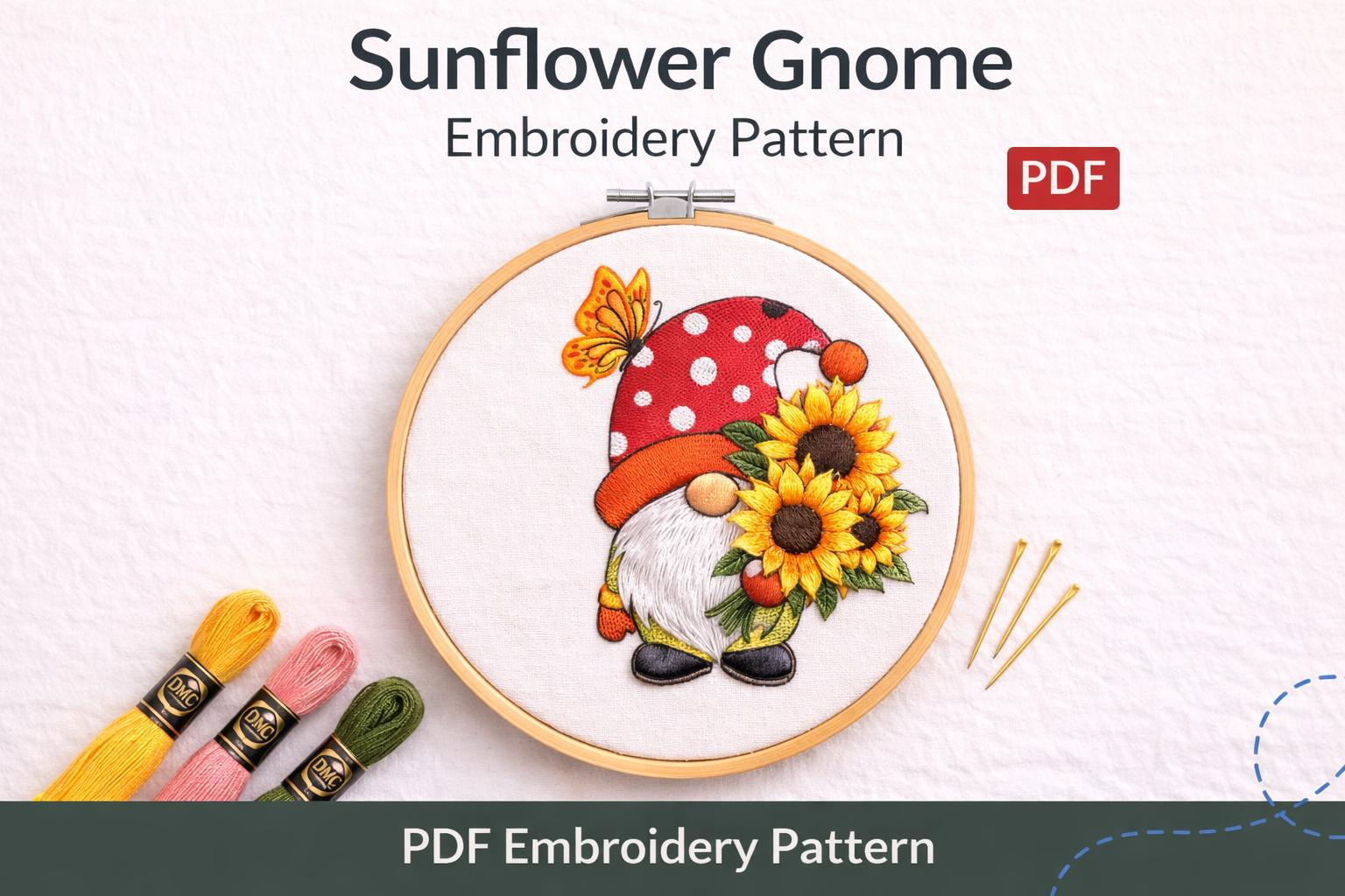 Sunflower Gnome Embroidery Pattern | Hand Stitch Floral PDF (Digital Download) - Image 3