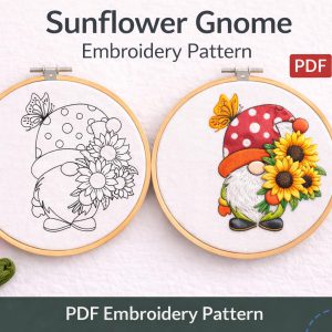 Sunflower Gnome Embroidery Pattern | Hand Stitch Floral PDF (Digital Download)
