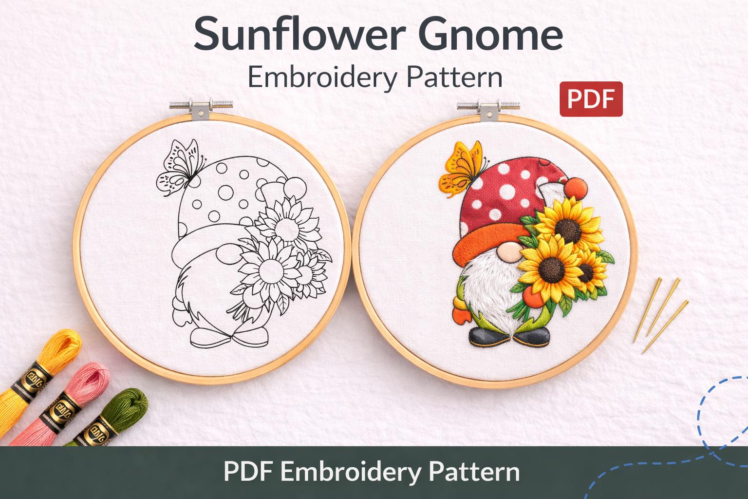 Sunflower Gnome Embroidery Pattern | Hand Stitch Floral PDF (Digital Download)