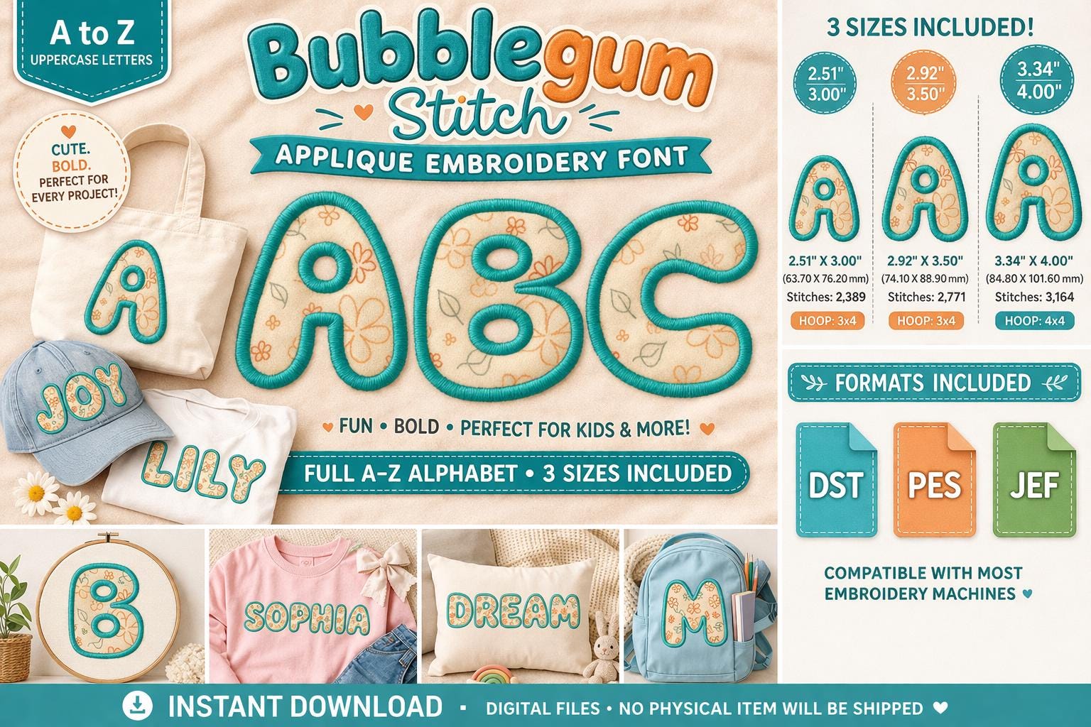 Bubblegum Stitch Applique Embroidery Font A-Z Alphabet | Machine files (Digital Download) - Image 2