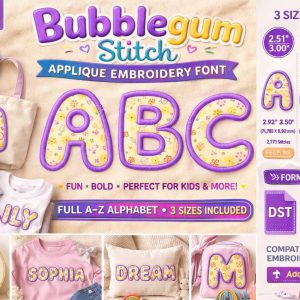 Bubblegum Stitch Applique Embroidery Font A-Z Alphabet | Machine files (Digital Download)