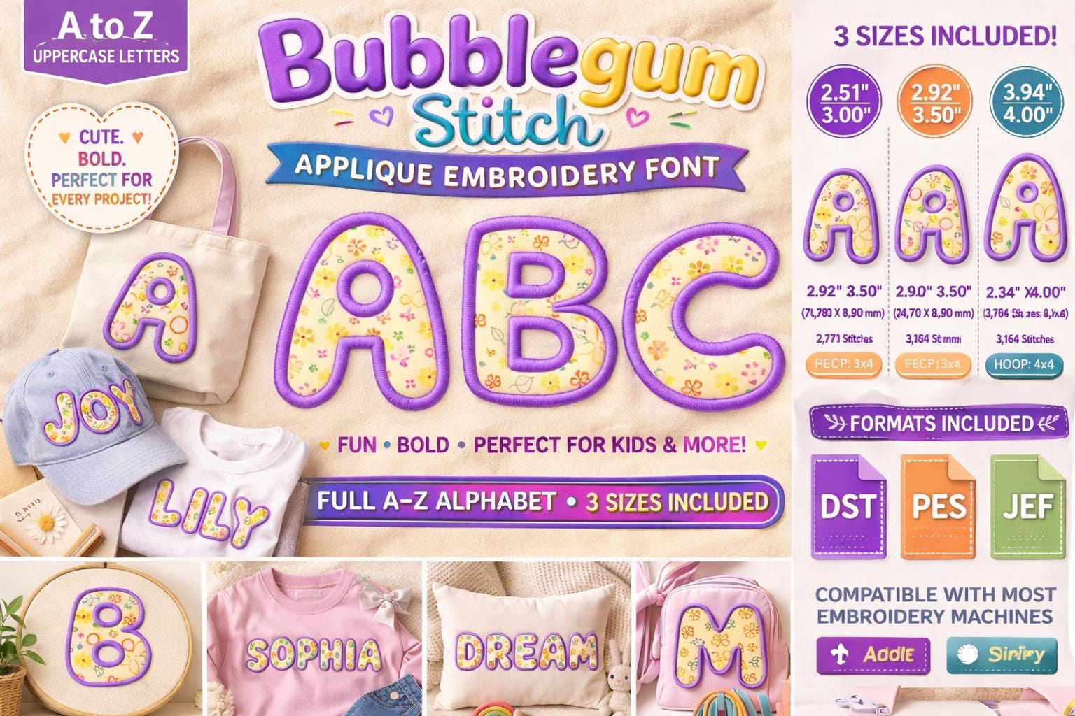 Bubblegum Stitch Applique Embroidery Font A-Z Alphabet | Machine files (Digital Download)