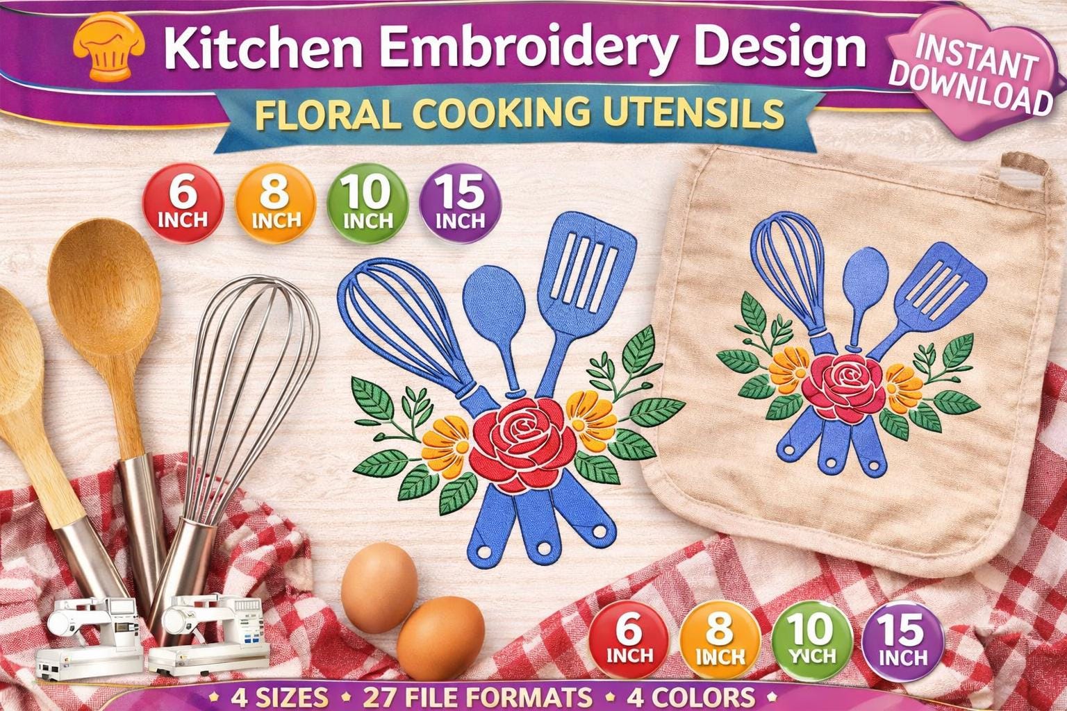 Floral Kitchen Utensils Embroidery Design – Whisk, Spoon, Spatula - 4 sizes - Machine files (Digital Download) - Image 2