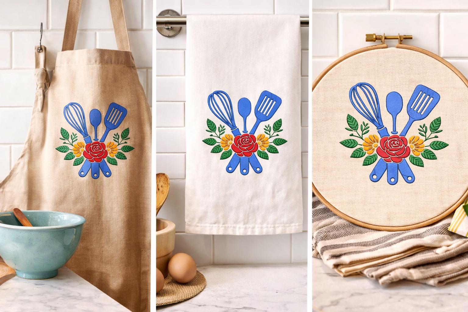 Floral Kitchen Utensils Embroidery Design – Whisk, Spoon, Spatula - 4 sizes - Machine files (Digital Download) - Image 3