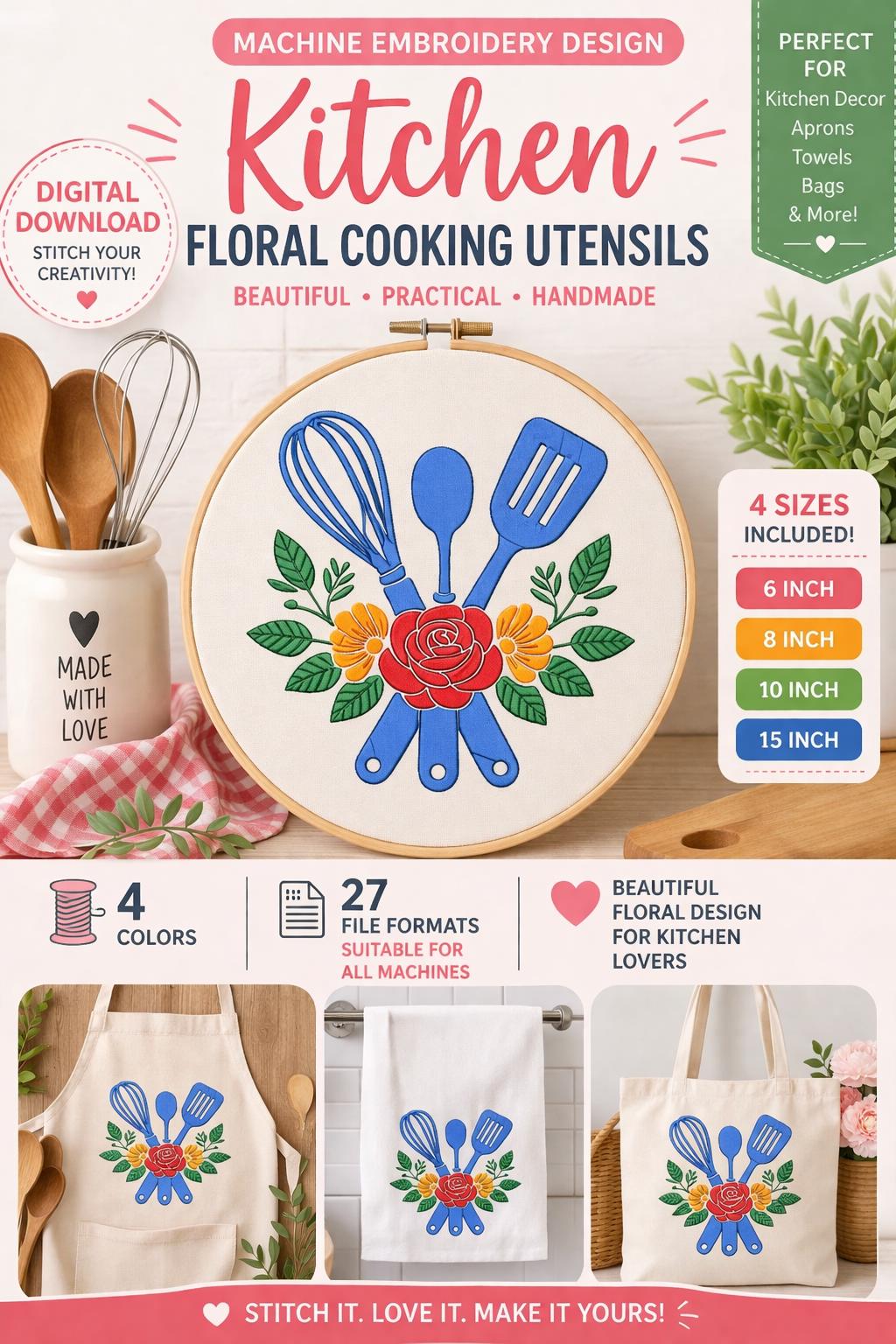 Floral Kitchen Utensils Embroidery Design – Whisk, Spoon, Spatula - 4 sizes - Machine files (Digital Download) - Image 4