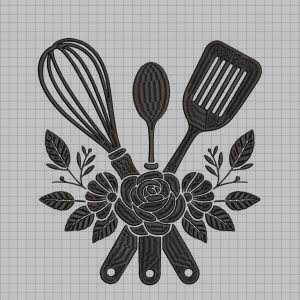 Floral Kitchen Utensils Embroidery Design – Single Color Whisk, Spoon, Spatula - Machine files (Digital Download)