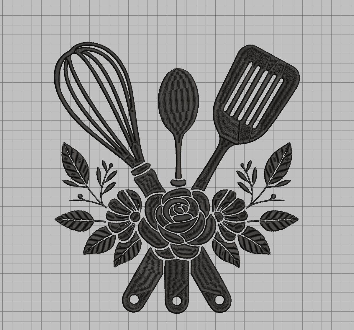 Floral Kitchen Utensils Embroidery Design – Single Color Whisk, Spoon, Spatula - Machine files (Digital Download)
