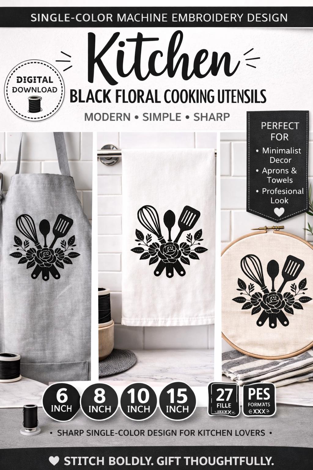 Floral Kitchen Utensils Embroidery Design – Single Color Whisk, Spoon, Spatula - Machine files (Digital Download) - Image 4