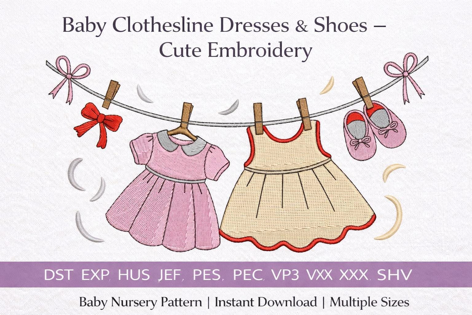 Baby Clothesline Embroidery Design, Dresses, Shoes, Nursery Pattern, Machine files (Digital Download) - Image 2