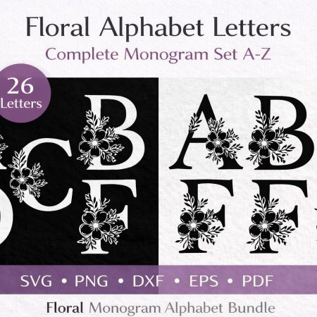 Floral Monogram Alphabet , 26 Letters Bundle (A-Z) (svg, png, dxf, eps, pdf) - Digital download