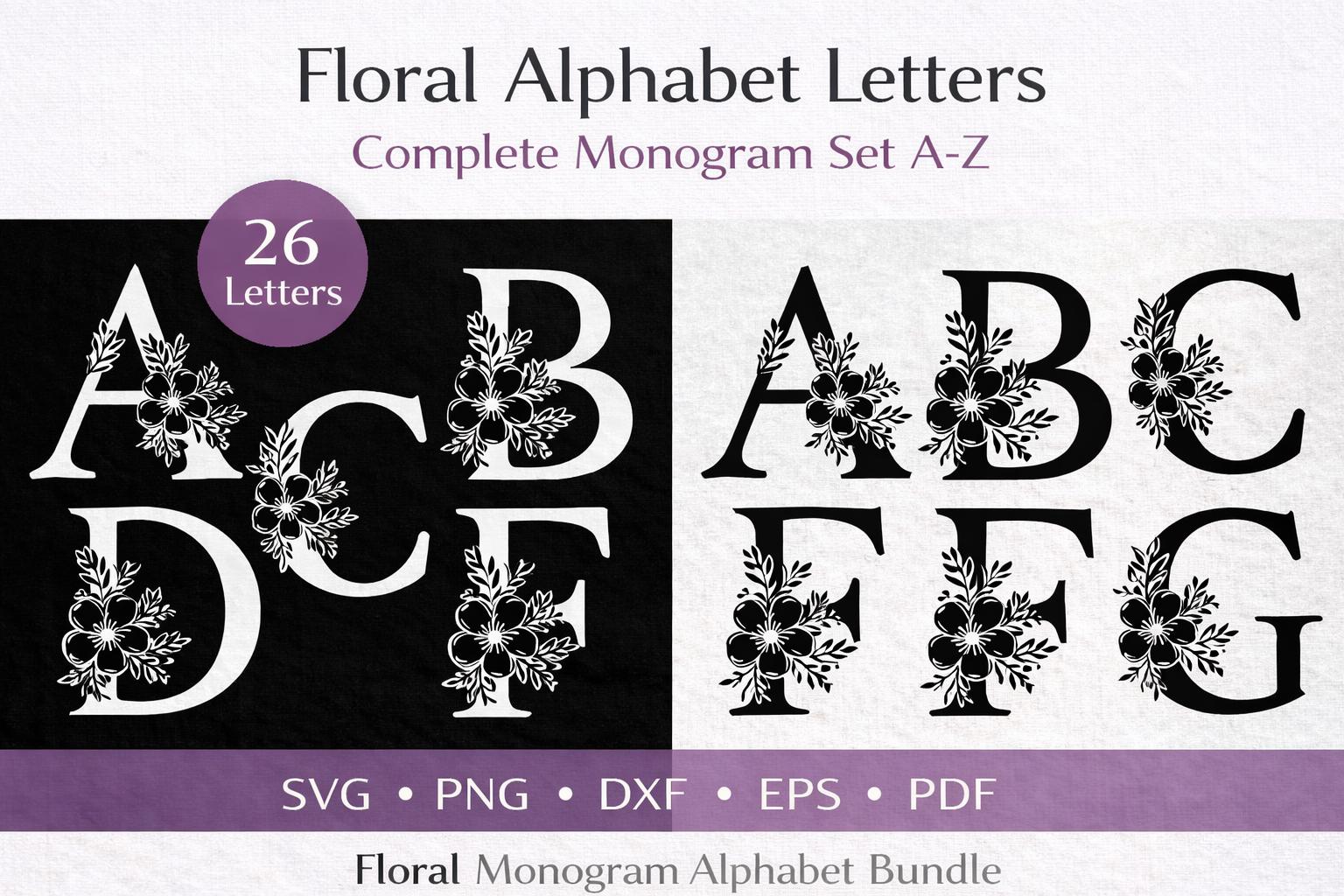 Floral Monogram Alphabet , 26 Letters Bundle (A-Z) (svg, png, dxf, eps, pdf) - Digital download