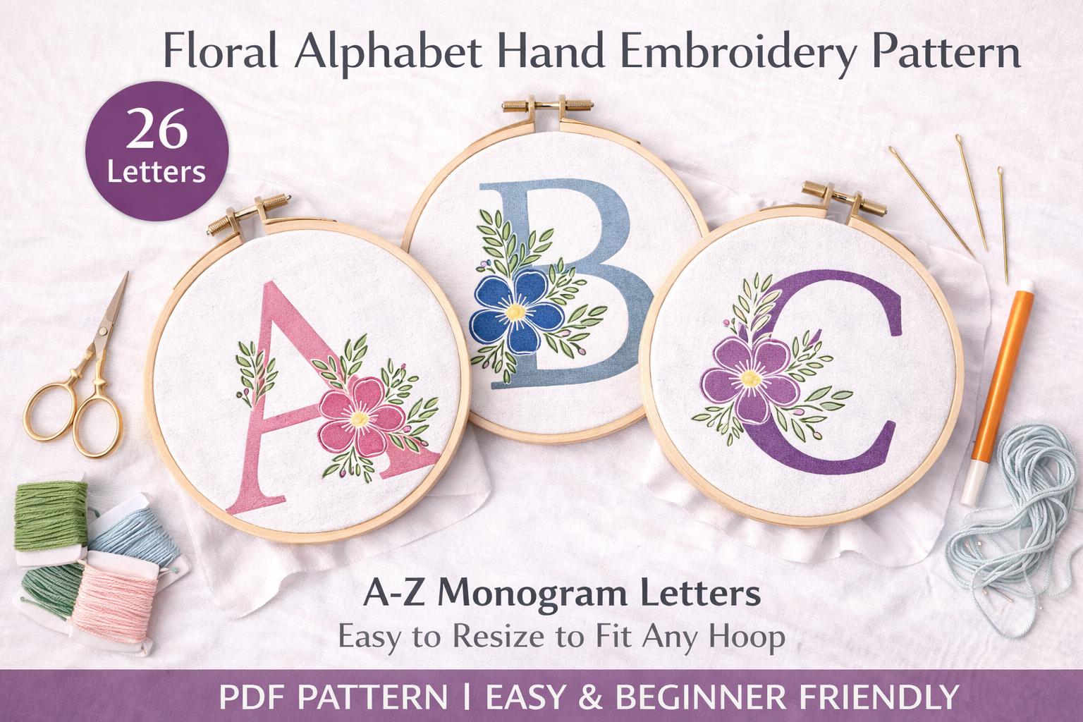 Floral Alphabet Hand Embroidery Pattern set | Monogram A-Z Letters (Digital Download) - Image 2