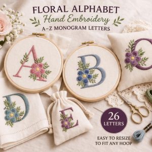 Floral Alphabet Hand Embroidery Pattern set | Monogram A-Z Letters (Digital Download)