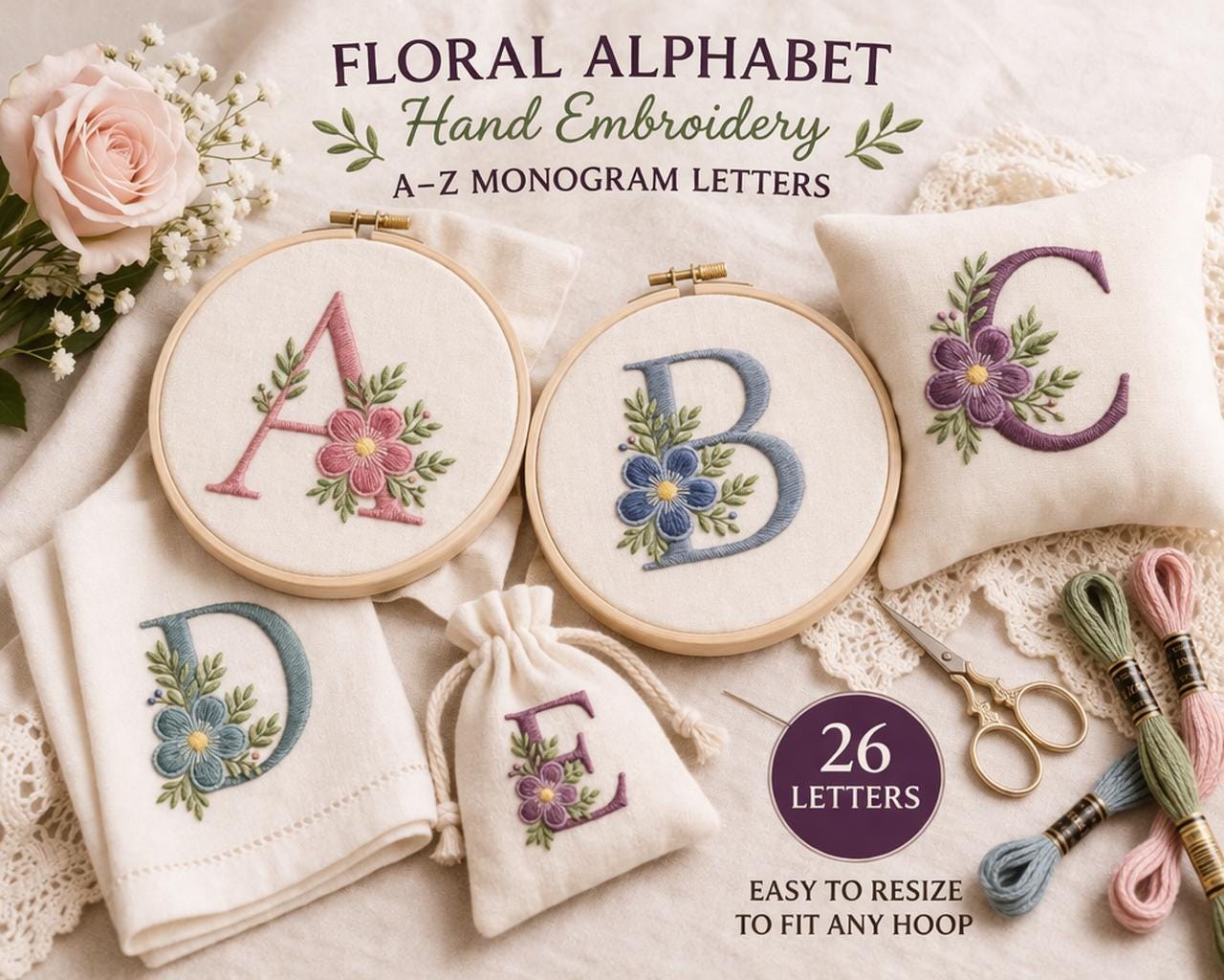 Floral Alphabet Hand Embroidery Pattern set | Monogram A-Z Letters (Digital Download)