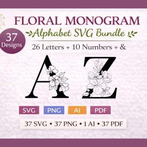Floral Monogram Alphabet SVG Bundle, Elegant Letters & Numbers (Digital Download)