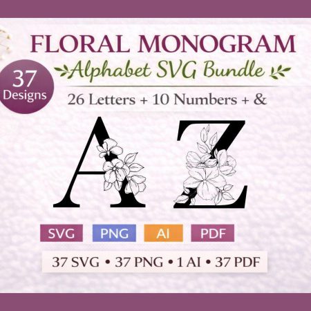 Floral Monogram Alphabet SVG Bundle, Elegant Letters & Numbers (Digital Download)