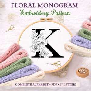 Floral Monogram Embroidery Pattern Bundle | Alphabet Initials PDF (37 Designs)