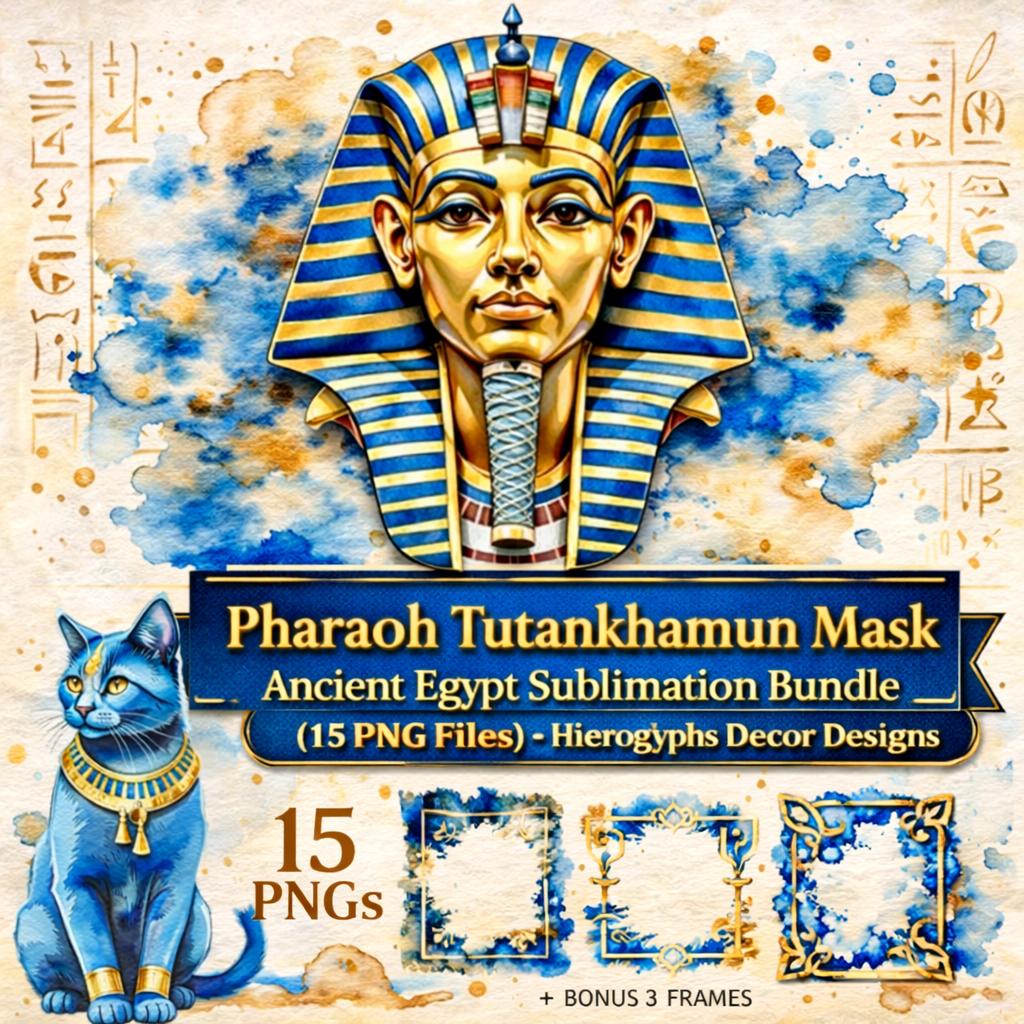 Pharaoh Tutankhamun Mask Ancient Egypt Wall Art Bundle – Hieroglyphs Decor Designs (15 PNG Files) - Image 9