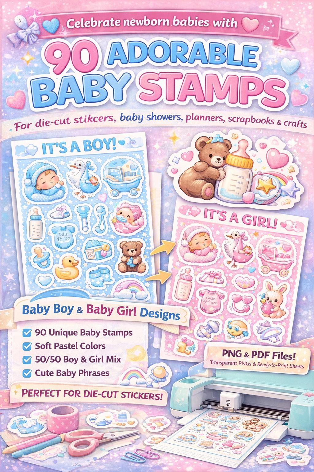90 Baby Boy & Girl Stickers | Newborn Stamps, Die Cut (PNG, PDF) - Image 2