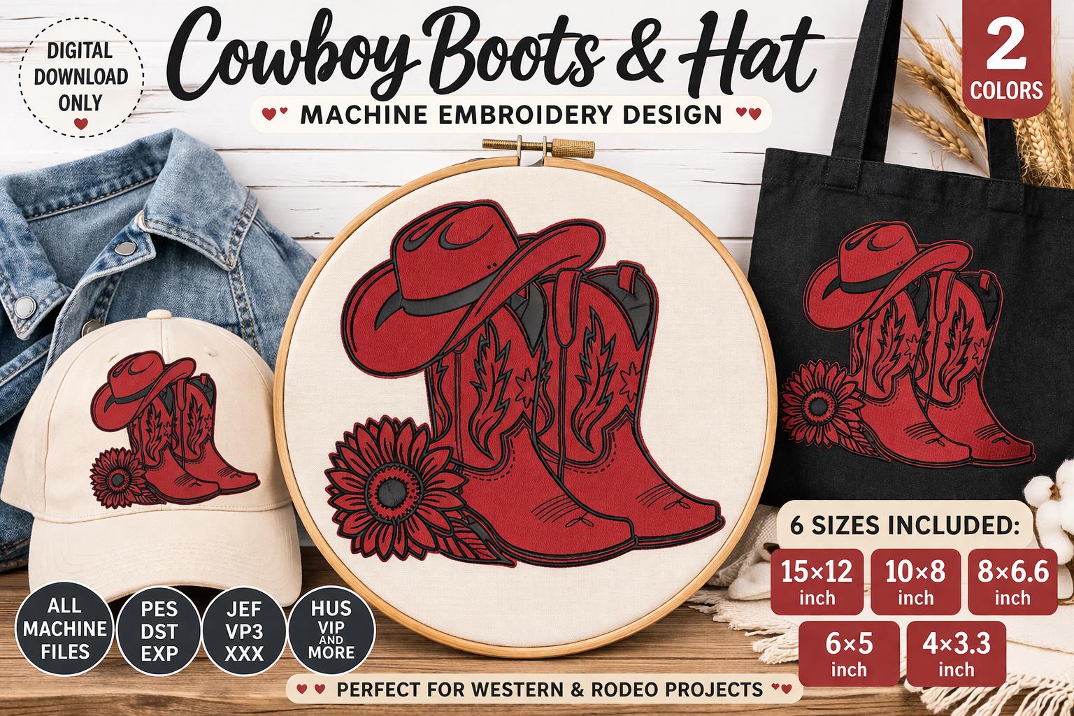 Cowboy Boots Embroidery Design Western Hat Sunflower Machine Embroidery 6 Sizes Rodeo Digital Download - Image 5