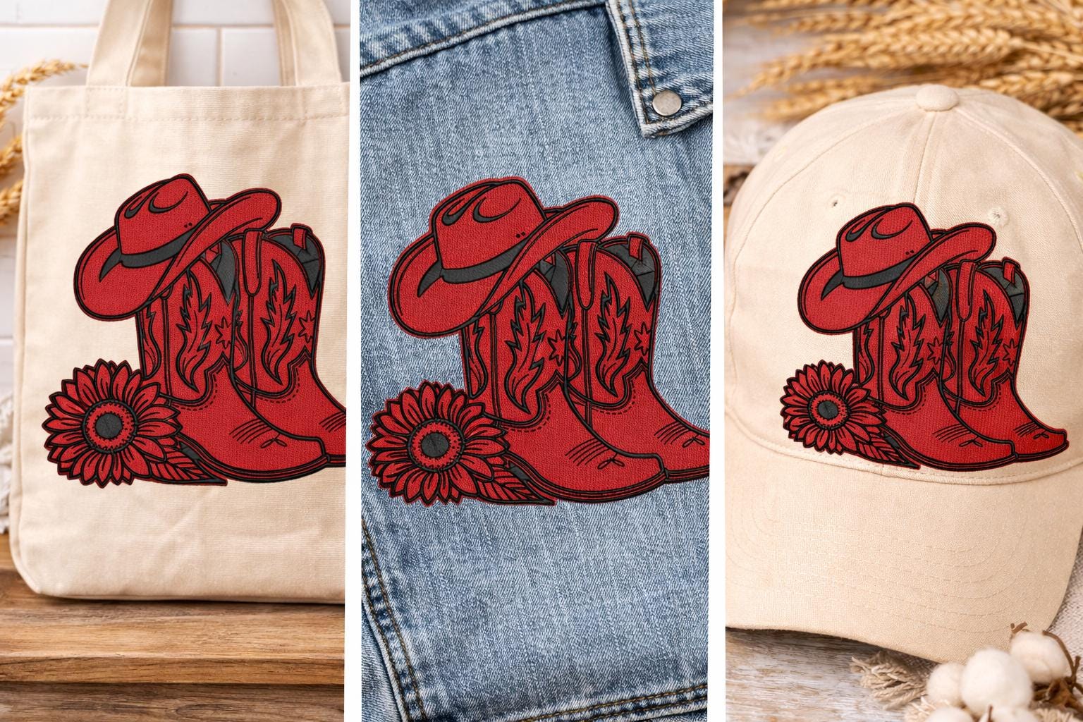 Cowboy Boots Embroidery Design Western Hat Sunflower Machine Embroidery 6 Sizes Rodeo Digital Download - Image 3