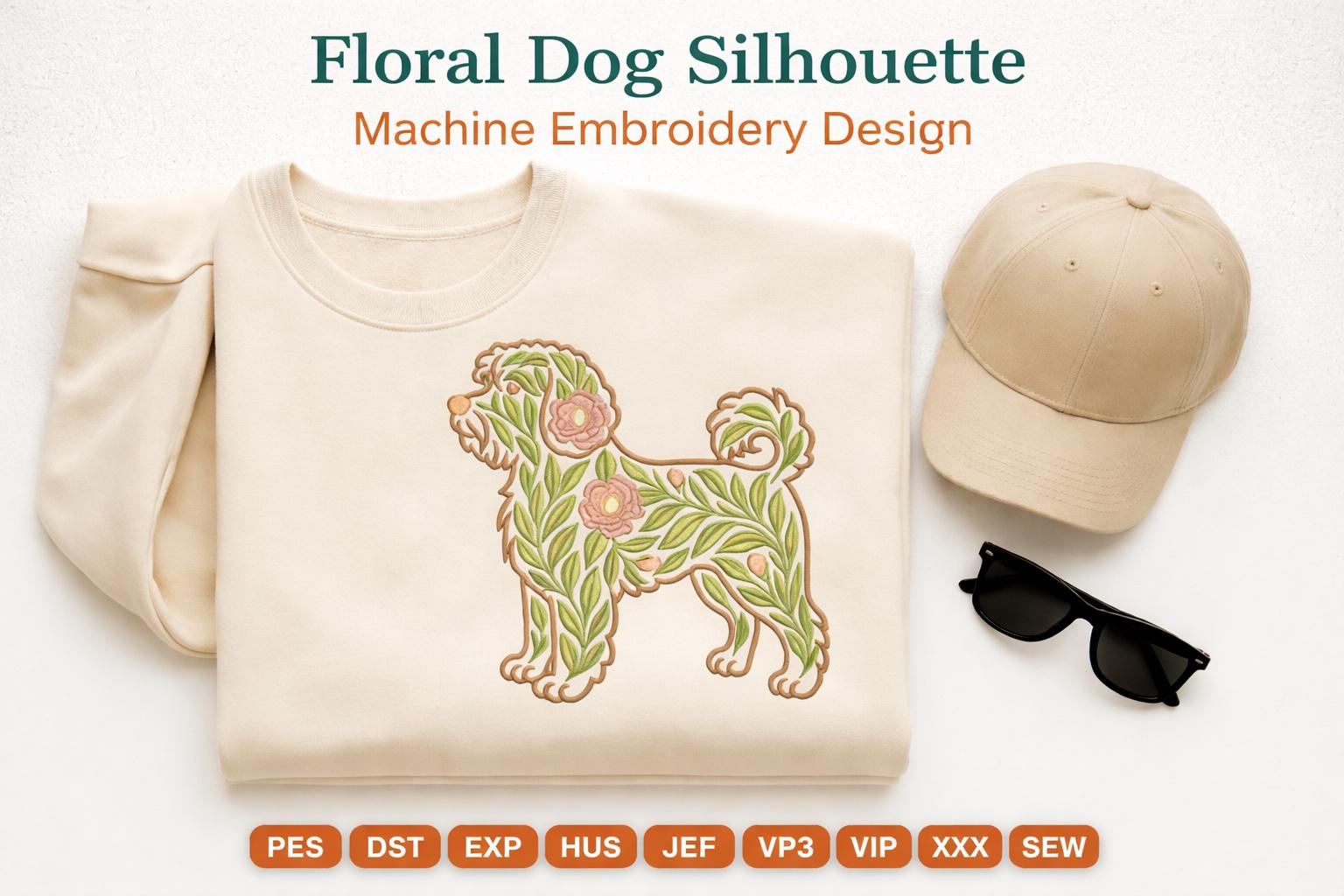 Floral Dog Silhouette Machine Embroidery Design | Flower Puppy Pattern | Pet Embroidery File (Digital Download) - Image 2
