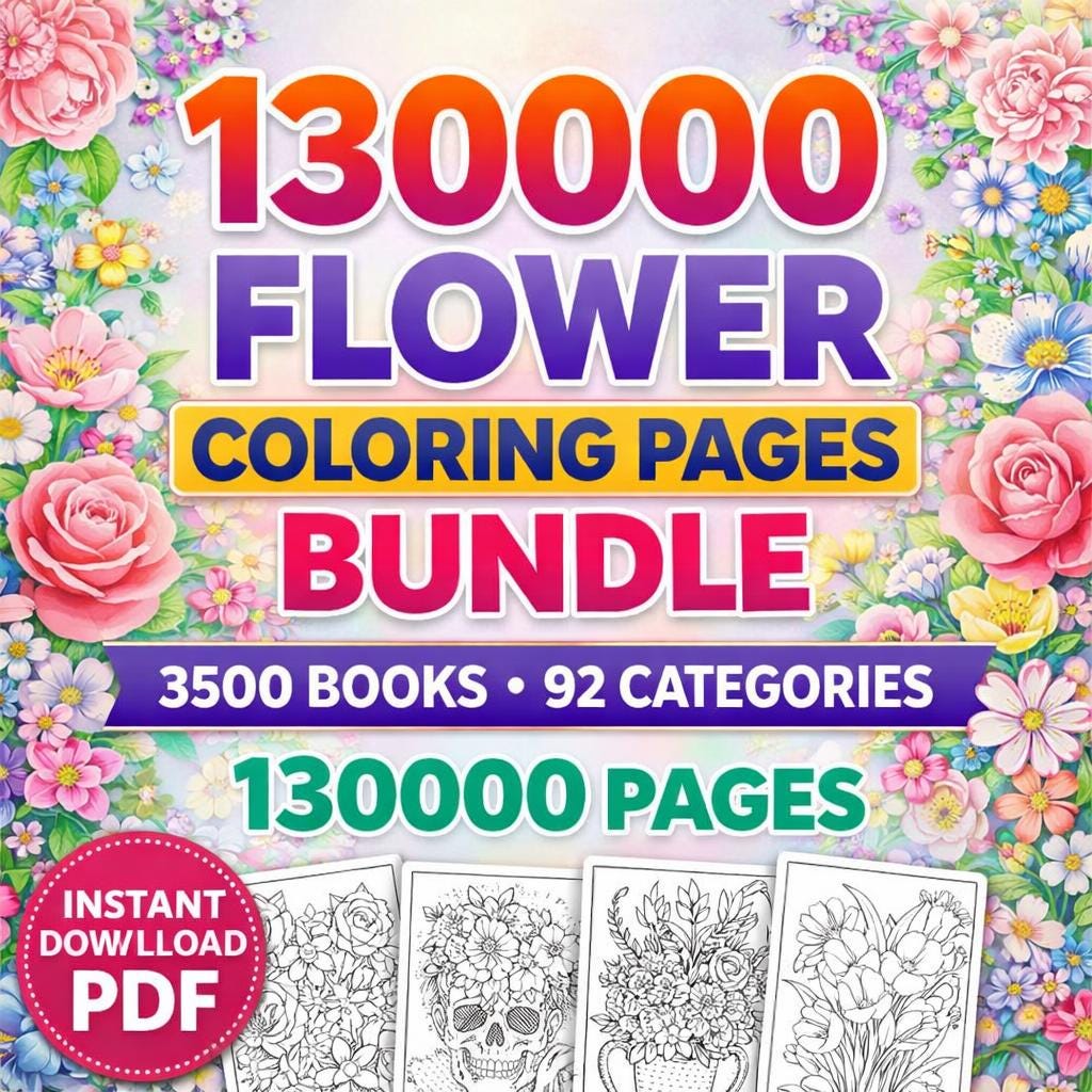 130000 Flower Coloring Pages Bundle, 3500 Books, 92 Categories (Digital Download) - Image 2
