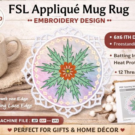 FSL Appliqué Mug Rug Embroidery Design: 6x6 ITH, Freestanding Lace Edge (Digital Download)