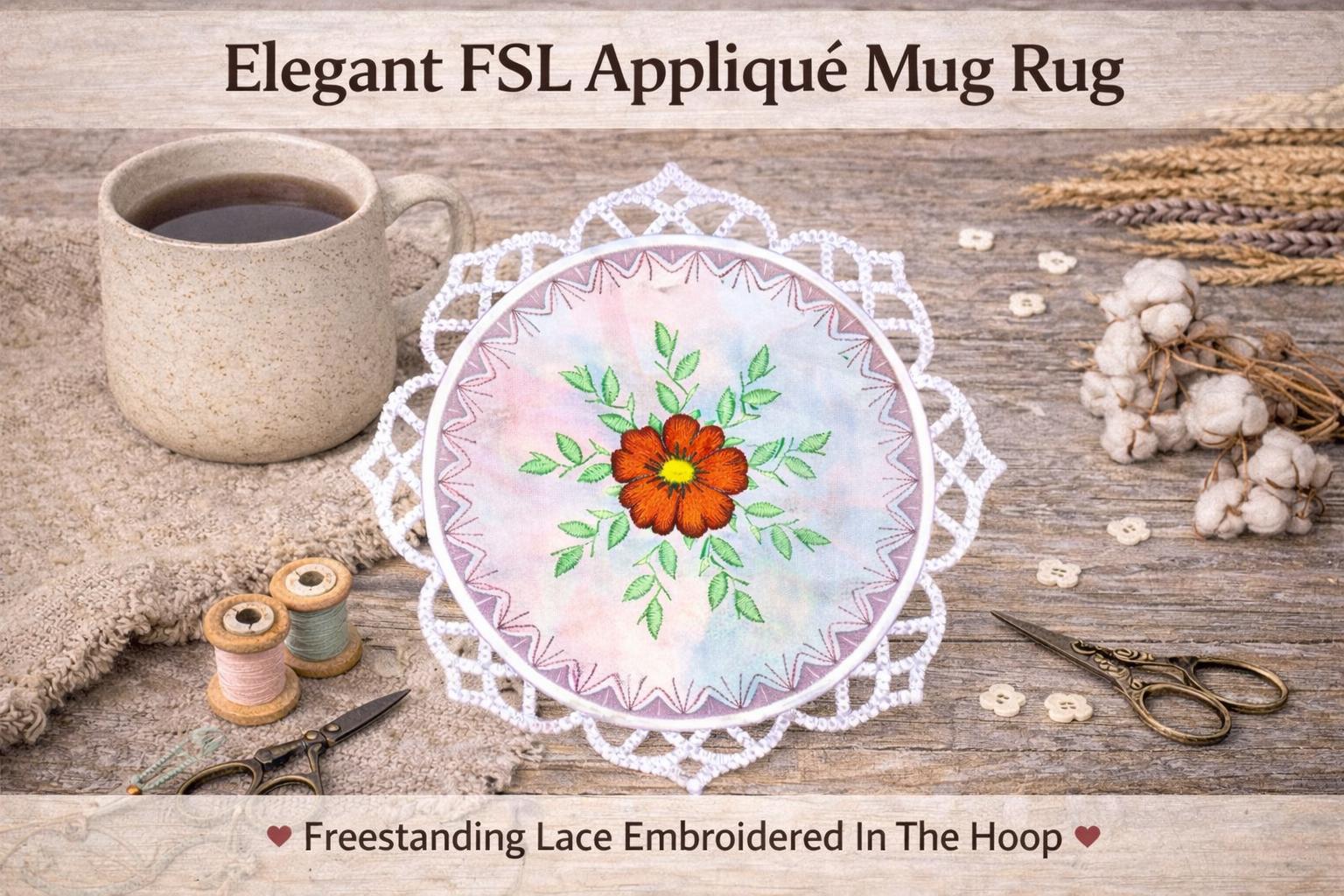 Elegant FSL Appliqué Mug Rug Embroidery Design: Floral Center, ITH Coaster (Digital Download) - Image 4