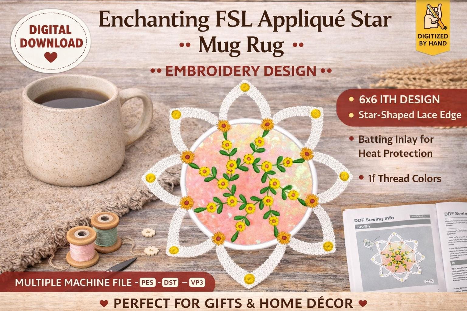 FSL Star Appliqué Mug Rug Embroidery Design | ITH 6x6 Hoop (Digital Download) - Image 2